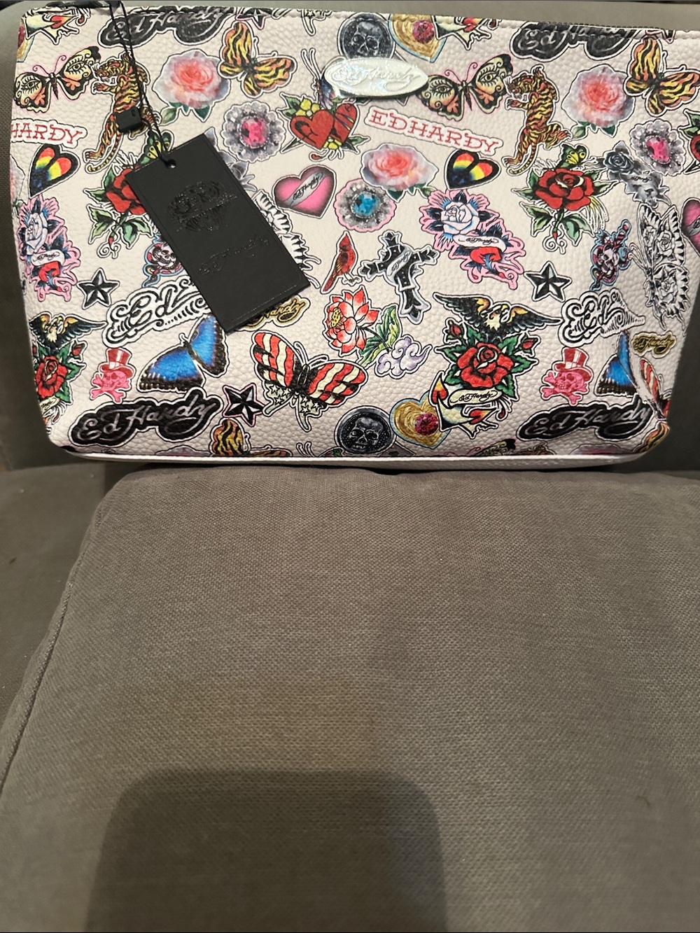 Ed Hardy White Multi-Color Tattoo Print Clutch
